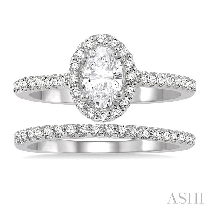 1/2 Ctw Diamond Wedding Set With 3/8 Ct Oval Cut Engagement Ring and 1/10 Ct Wedding Band in 14K White Gold