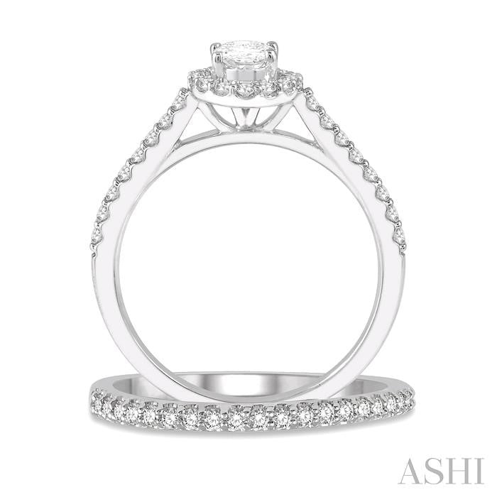 1/2 Ctw Diamond Wedding Set With 3/8 Ct Oval Cut Engagement Ring and 1/10 Ct Wedding Band in 14K White Gold