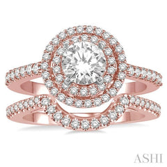 1 1/5 Ctw Diamond Wedding Set in 14K With 1 Ctw Round Shape Engagement Ring in Rose and White Gold and 1/5 Ctw U-Shape Wedding Band in Rose Gold