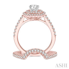 1 1/5 Ctw Diamond Wedding Set in 14K With 1 Ctw Round Shape Engagement Ring in Rose and White Gold and 1/5 Ctw U-Shape Wedding Band in Rose Gold
