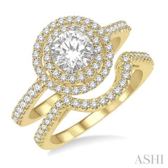 1 1/5 Ctw Diamond Wedding Set in 14K With 1 Ctw Round Shape Engagement Ring in Yellow and White Gold and 1/5 Ctw U-Shape Wedding Band in Yellow Gold