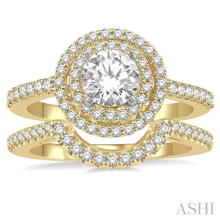 1 1/5 Ctw Diamond Wedding Set in 14K With 1 Ctw Round Shape Engagement Ring in Yellow and White Gold and 1/5 Ctw U-Shape Wedding Band in Yellow Gold