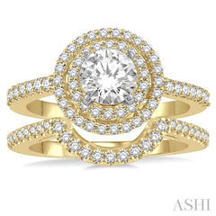 1 1/5 Ctw Diamond Wedding Set in 14K With 1 Ctw Round Shape Engagement Ring in Yellow and White Gold and 1/5 Ctw U-Shape Wedding Band in Yellow Gold