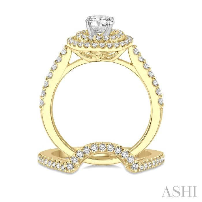 1 1/5 Ctw Diamond Wedding Set in 14K With 1 Ctw Round Shape Engagement Ring in Yellow and White Gold and 1/5 Ctw U-Shape Wedding Band in Yellow Gold