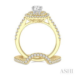 1 1/5 Ctw Diamond Wedding Set in 14K With 1 Ctw Round Shape Engagement Ring in Yellow and White Gold and 1/5 Ctw U-Shape Wedding Band in Yellow Gold