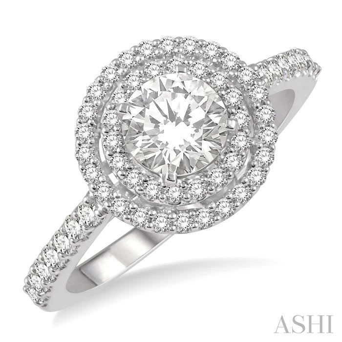 1 Ctw Diamond Ladies Engagement Ring with 1/2 Ct Round Cut Center Stone in 14K White Gold