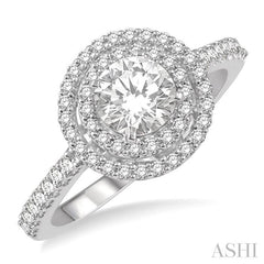 1 Ctw Diamond Ladies Engagement Ring with 1/2 Ct Round Cut Center Stone in 14K White Gold
