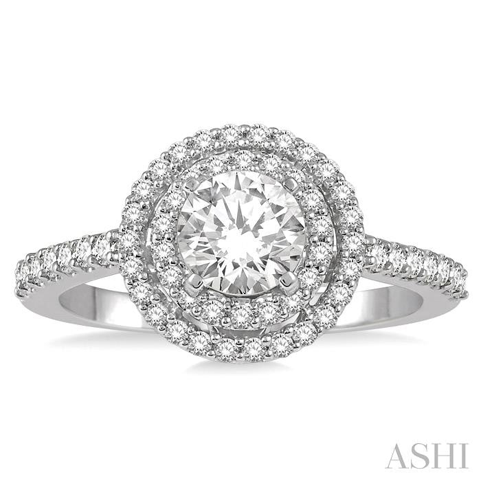 1 Ctw Diamond Ladies Engagement Ring with 1/2 Ct Round Cut Center Stone in 14K White Gold