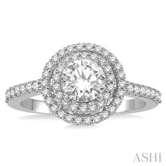 1 Ctw Diamond Ladies Engagement Ring with 1/2 Ct Round Cut Center Stone in 14K White Gold