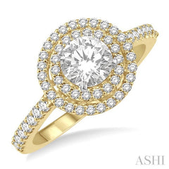 1 Ctw Diamond Ladies Engagement Ring with 1/2 Ct Round Cut Center Stone in 14K Yellow and White Gold