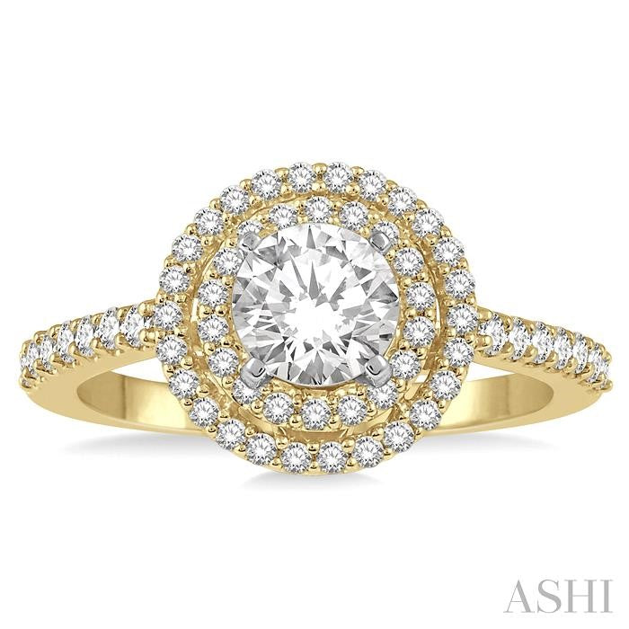 1 Ctw Diamond Ladies Engagement Ring with 1/2 Ct Round Cut Center Stone in 14K Yellow and White Gold