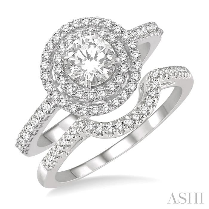 5/8 Ctw Diamond Wedding Set in 14K With 1/2 Ctw Round Shape Engagement Ring and 1/10 Ctw U-Shape Wedding Band in White Gold