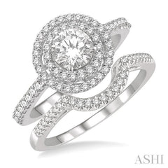5/8 Ctw Diamond Wedding Set in 14K With 1/2 Ctw Round Shape Engagement Ring and 1/10 Ctw U-Shape Wedding Band in White Gold