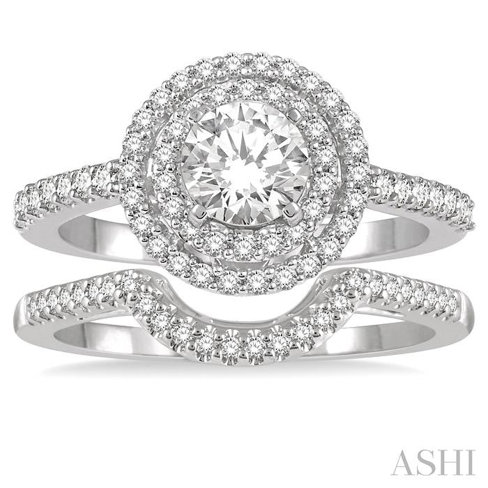 5/8 Ctw Diamond Wedding Set in 14K With 1/2 Ctw Round Shape Engagement Ring and 1/10 Ctw U-Shape Wedding Band in White Gold