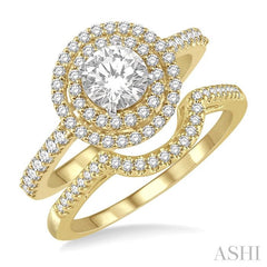 5/8 Ctw Diamond Wedding Set in 14K With 1/2 Ctw Round Shape Engagement Ring in Yellow and White Gold and 1/10 Ctw U-Shape Wedding Band in Yellow Gold