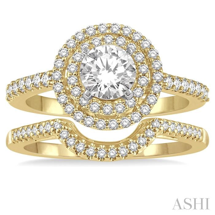 5/8 Ctw Diamond Wedding Set in 14K With 1/2 Ctw Round Shape Engagement Ring in Yellow and White Gold and 1/10 Ctw U-Shape Wedding Band in Yellow Gold