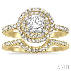 5/8 Ctw Diamond Wedding Set in 14K With 1/2 Ctw Round Shape Engagement Ring in Yellow and White Gold and 1/10 Ctw U-Shape Wedding Band in Yellow Gold