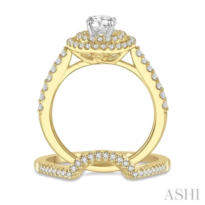 5/8 Ctw Diamond Wedding Set in 14K With 1/2 Ctw Round Shape Engagement Ring in Yellow and White Gold and 1/10 Ctw U-Shape Wedding Band in Yellow Gold