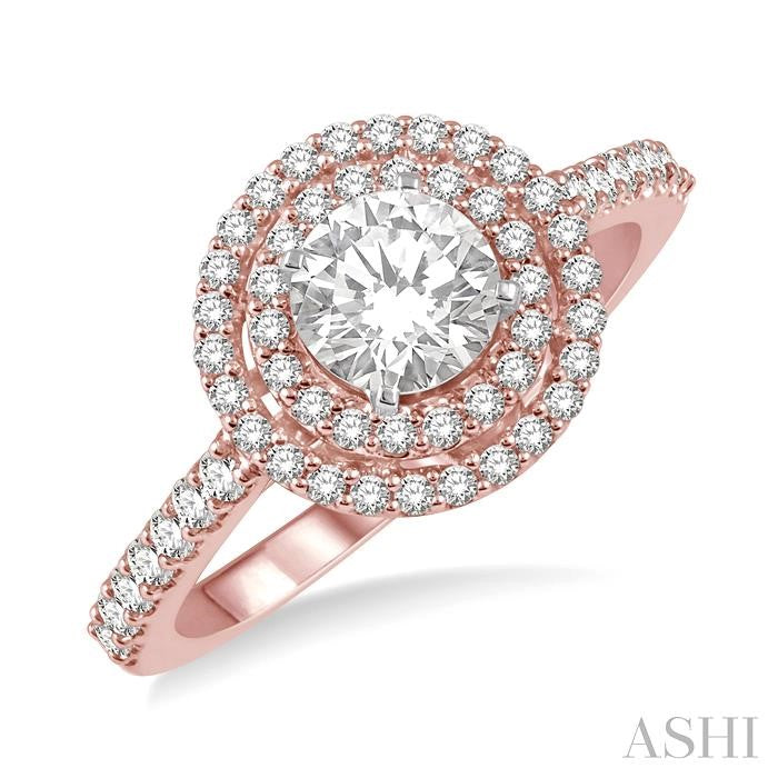 1/2 Ctw Round Cut Diamond Ladies Engagement Ring with 1/4 Ct Round Cut Center Stone in 14K Rose and White Gold