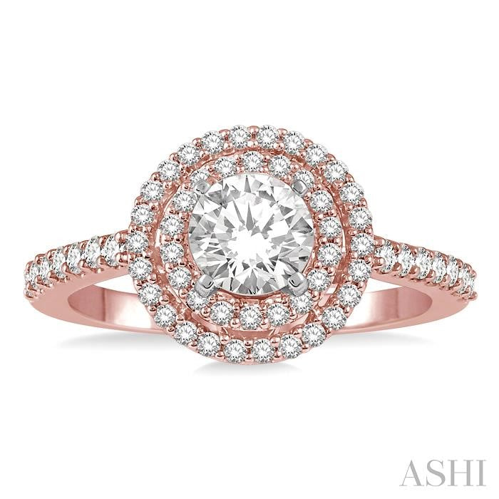1/2 Ctw Round Cut Diamond Ladies Engagement Ring with 1/4 Ct Round Cut Center Stone in 14K Rose and White Gold