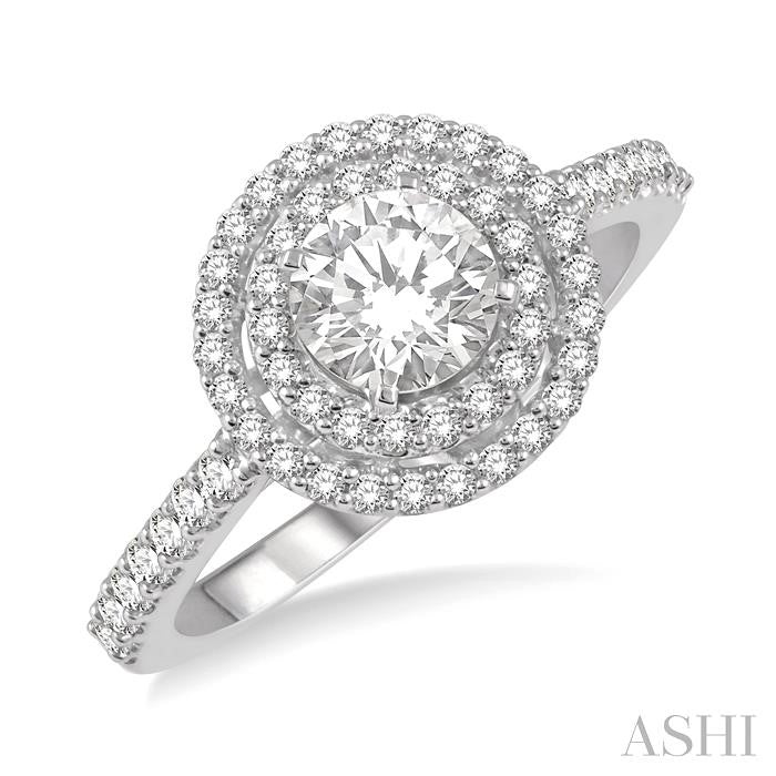 1/2 Ctw Round Cut Diamond Ladies Engagement Ring with 1/4 Ct Round Cut Center Stone in 14K White Gold
