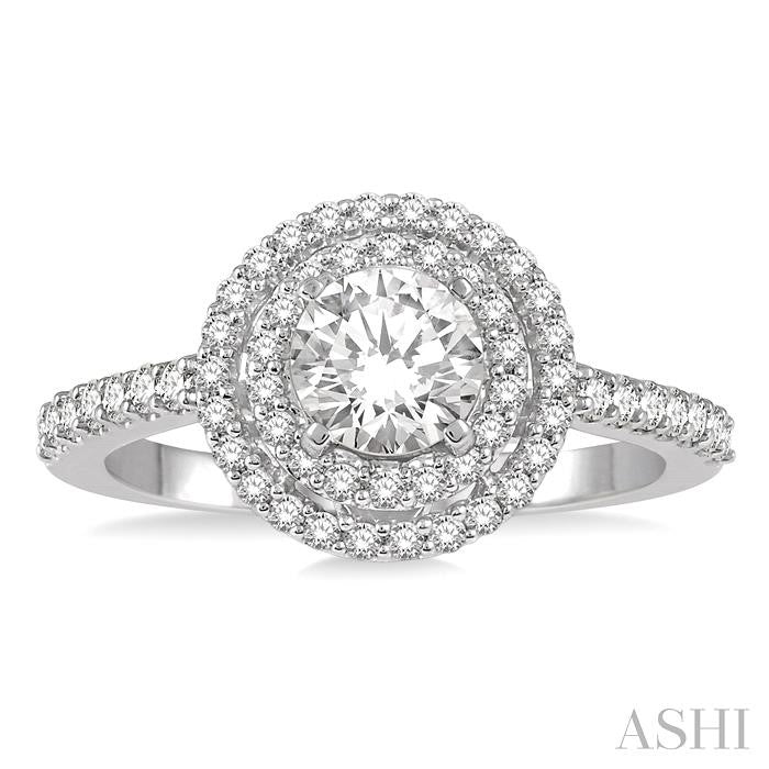 1/2 Ctw Round Cut Diamond Ladies Engagement Ring with 1/4 Ct Round Cut Center Stone in 14K White Gold