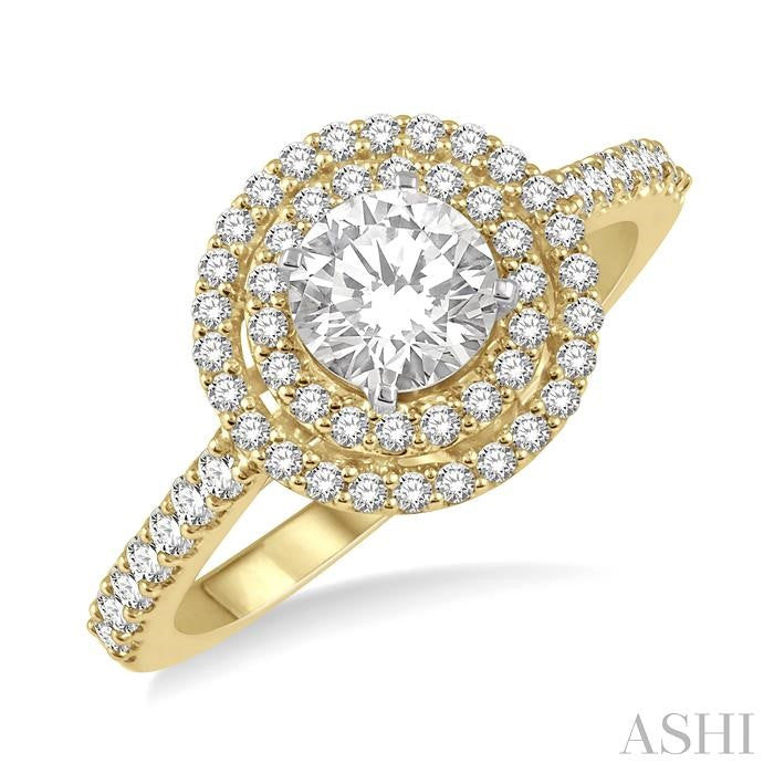1/2 Ctw Round Cut Diamond Ladies Engagement Ring with 1/4 Ct Round Cut Center Stone in 14K Yellow and White Gold
