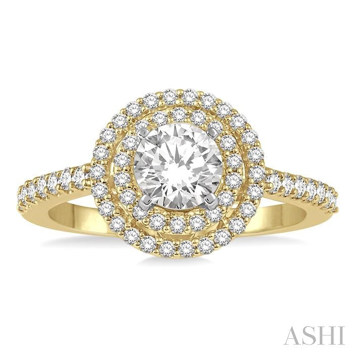 1/2 Ctw Round Cut Diamond Ladies Engagement Ring with 1/4 Ct Round Cut Center Stone in 14K Yellow and White Gold