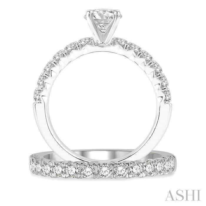 1 1/2 Ctw Diamond Wedding Set With 1 Ctw Round cut Engagement Ring and 1/2 Ctw Wedding Band in 14K White Gold