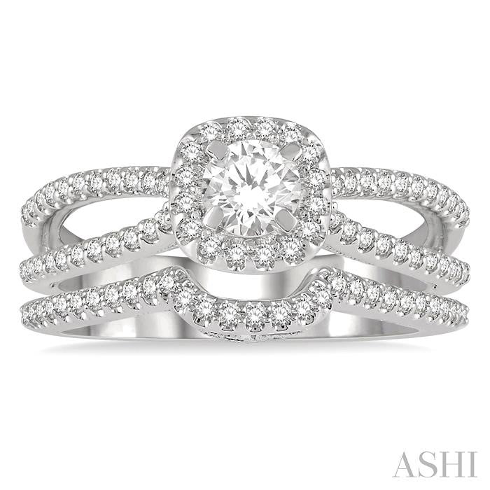 3/4 Ctw Diamond Wedding Set With 5/8 Ctw Cushion Shape Split Shank Engagement Ring and 1/6 Ctw Arched Wedding Band in 14K White Gold