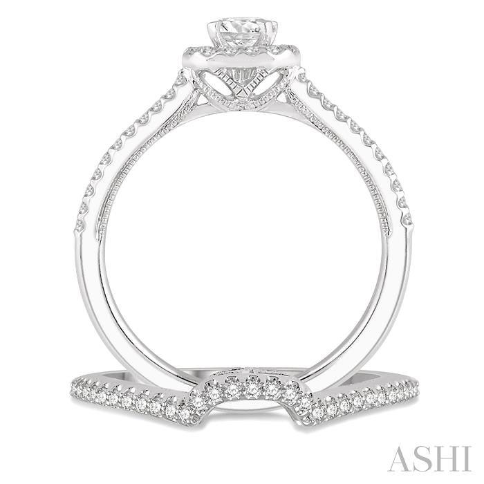 3/4 Ctw Diamond Wedding Set With 5/8 Ctw Cushion Shape Split Shank Engagement Ring and 1/6 Ctw Arched Wedding Band in 14K White Gold