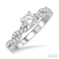 7/8 Ctw Twisted Shank Diamond Engagement Ring With 1/2 Ct Round Cut Center Stone in 14K White Gold