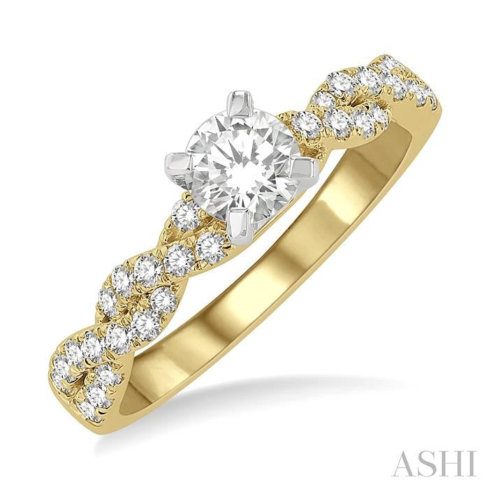 7/8 Ctw Twisted Shank Round Cut Diamond Engagement Ring With 1/2 Ct Center Stone in 14K Yellow and White Gold