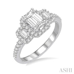 5/8 Ctw Diamond Ladies Engagement Ring with 1/4 Ct Emerald Cut Center Stone in 14K White Gold