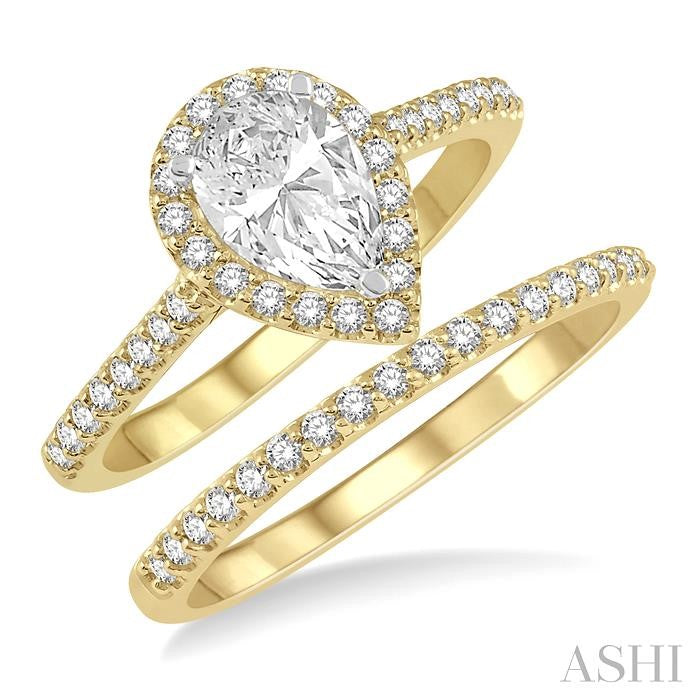 7/8 Ctw Diamond Wedding Set With 3/4 Ctw Pear Cut Engagement Ring and 1/6 Ctw Wedding Band in 14K Yellow and White Gold