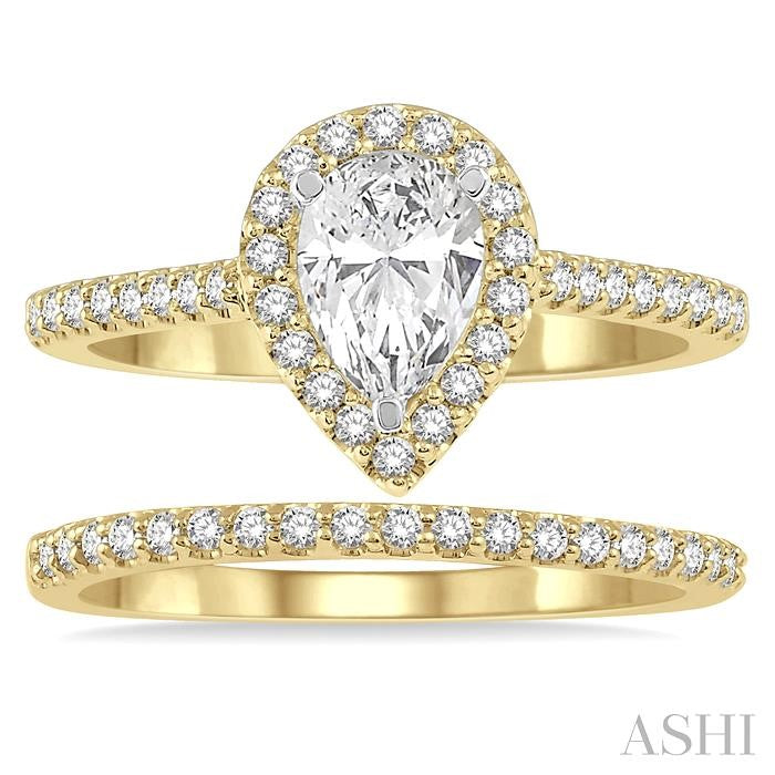 7/8 Ctw Diamond Wedding Set With 3/4 Ctw Pear Cut Engagement Ring and 1/6 Ctw Wedding Band in 14K Yellow and White Gold