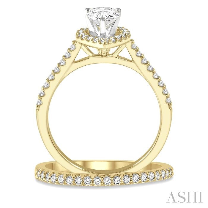 7/8 Ctw Diamond Wedding Set With 3/4 Ctw Pear Cut Engagement Ring and 1/6 Ctw Wedding Band in 14K Yellow and White Gold