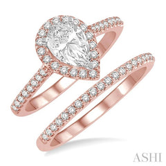 1/2 Ctw Diamond Wedding Set With 3/8 Ctw Pear Cut Engagement Ring and 1/10 Ctw Wedding Band in 14K Rose and White Gold