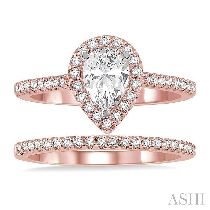 1/2 Ctw Diamond Wedding Set With 3/8 Ctw Pear Cut Engagement Ring and 1/10 Ctw Wedding Band in 14K Rose and White Gold