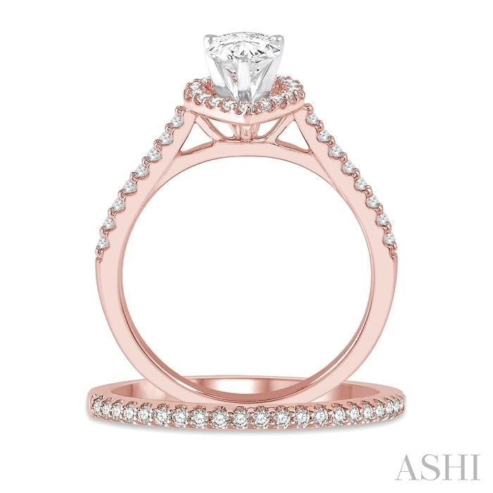 1/2 Ctw Diamond Wedding Set With 3/8 Ctw Pear Cut Engagement Ring and 1/10 Ctw Wedding Band in 14K Rose and White Gold