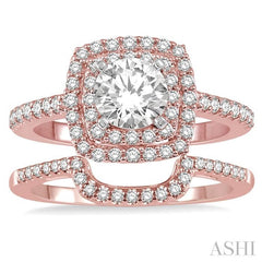 1 1/5 Ctw Diamond Wedding Set in 14K With 1 Ctw Round cut Double Row Engagement Ring in Rose and White Gold and 1/5 Ctw Wedding Band in Rose Gold