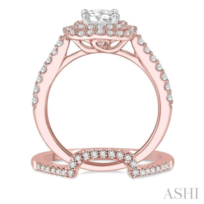 1 1/5 Ctw Diamond Wedding Set in 14K With 1 Ctw Round cut Double Row Engagement Ring in Rose and White Gold and 1/5 Ctw Wedding Band in Rose Gold