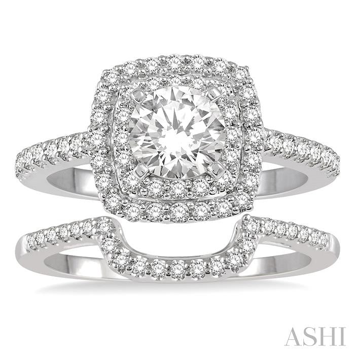 1 1/5 Ctw Diamond Wedding Set in 14K With 1 Ctw Round cut Double Row Engagement Ring and 1/5 Ctw Wedding Band in White Gold