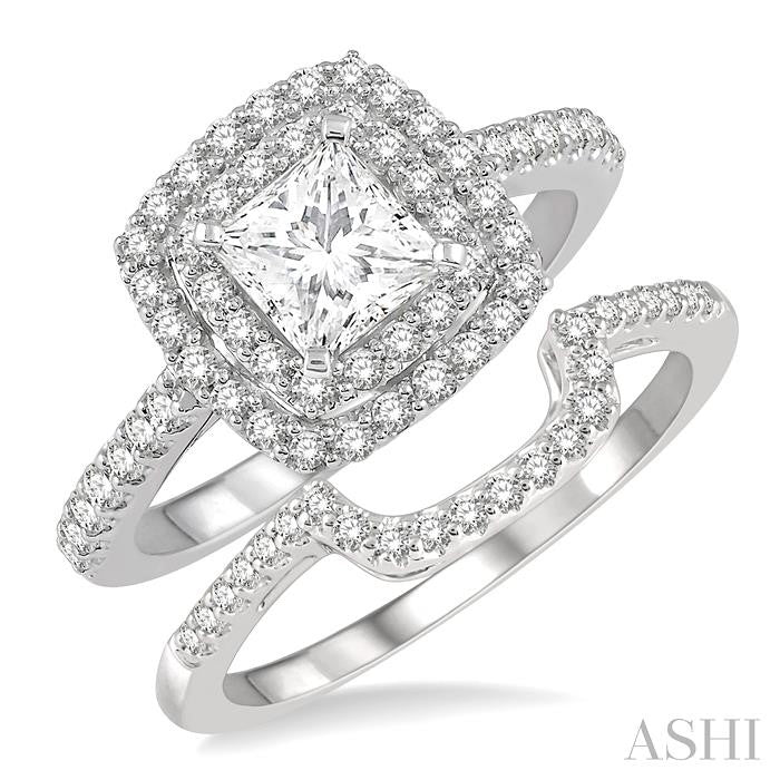 1 1/5 Ctw Diamond Wedding Set in 14K With 1 Ctw Cushion Shape Double Row Engagement Ring and 1/5 Ctw Wedding Band in White Gold