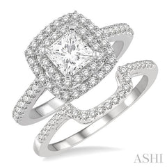 1 1/5 Ctw Diamond Wedding Set in 14K With 1 Ctw Cushion Shape Double Row Engagement Ring and 1/5 Ctw Wedding Band in White Gold