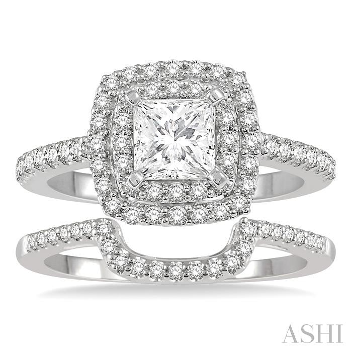 1 1/5 Ctw Diamond Wedding Set in 14K With 1 Ctw Cushion Shape Double Row Engagement Ring and 1/5 Ctw Wedding Band in White Gold