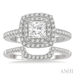 1 1/5 Ctw Diamond Wedding Set in 14K With 1 Ctw Cushion Shape Double Row Engagement Ring and 1/5 Ctw Wedding Band in White Gold