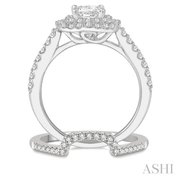 1 1/5 Ctw Diamond Wedding Set in 14K With 1 Ctw Cushion Shape Double Row Engagement Ring and 1/5 Ctw Wedding Band in White Gold