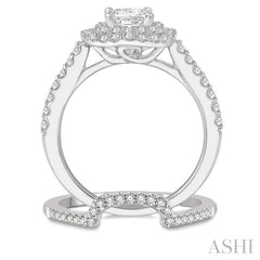 1 1/5 Ctw Diamond Wedding Set in 14K With 1 Ctw Cushion Shape Double Row Engagement Ring and 1/5 Ctw Wedding Band in White Gold