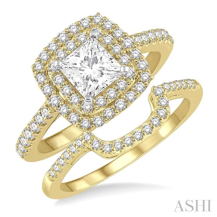 1 1/5 Ctw Diamond Wedding Set in 14K With 1 Ctw Cushion Shape Engagement Ring in Yellow and White Gold and 1/5 Ctw Wedding Band in yellow Gold